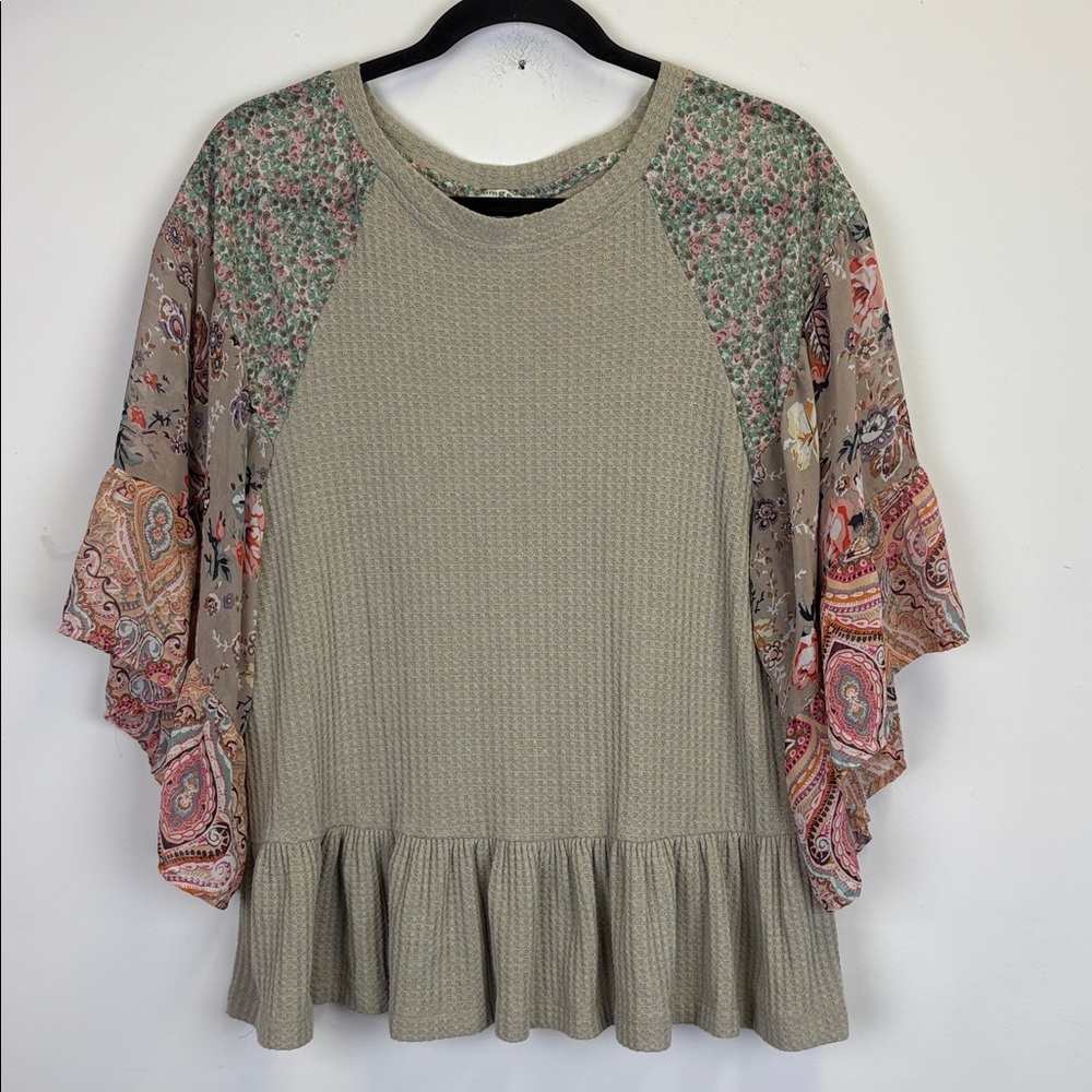 Umgee Boho Waffle Knit Top with Floral Trim bell sleeves/ Oversized Small - Picture 2 of 10